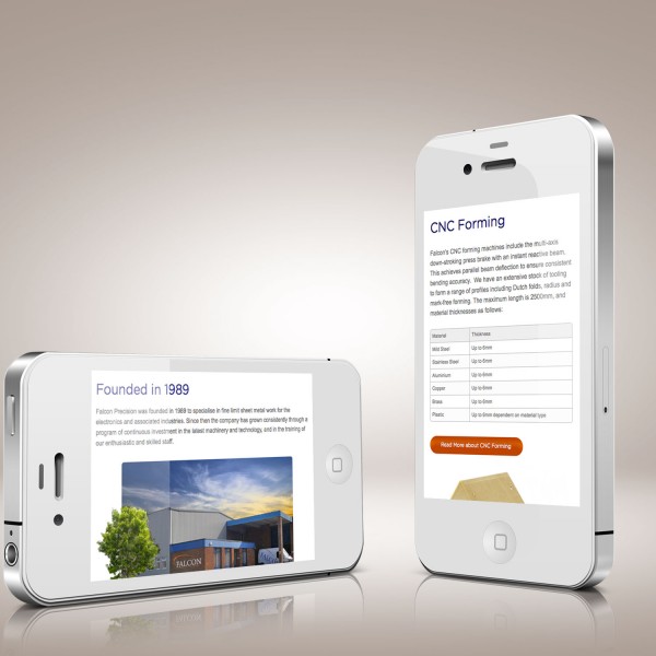 The Falcon Precision responsive website design viewed on mobile phones